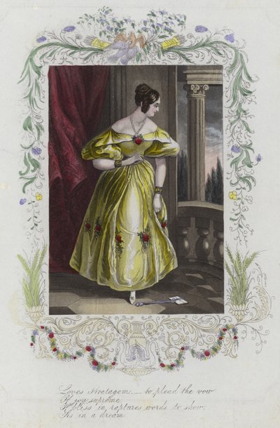 Cartão de dia dos namorados britânico com uma imagem de uma mulher olhando para um cartão de dia dos namorados no chão de English School