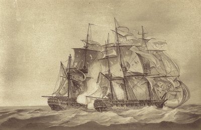 Fragata inglesa HMS Santa Margarita, comandada pelo Capitão Thomas Byam Martin, capturando a fragata francesa Tamise, junho de 1796 (litho) de English School