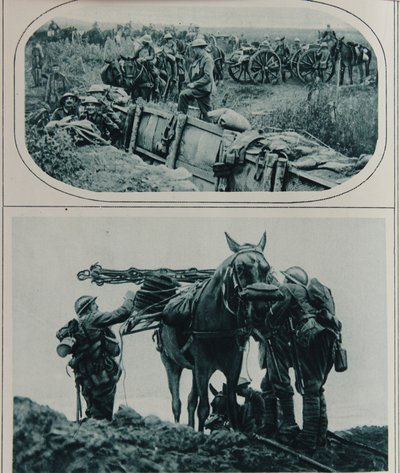 Artilheiros britânicos com cavalos de carga, Flandres, agosto de 1917 de English School