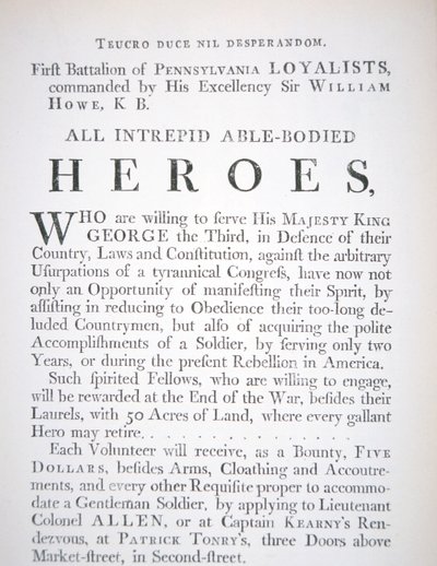 Cartaz de recrutamento britânico para o Primeiro Batalhão de Lealistas da Pensilvânia, durante a Guerra Revolucionária Americana (gravura) de English School