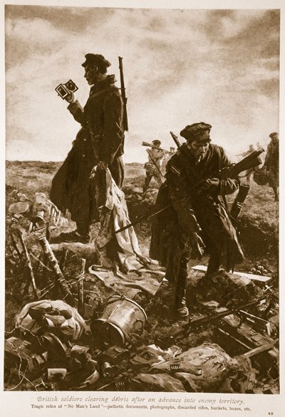 Soldados britânicos limpando destroços após um avanço em território inimigo, 1914-19 de English School