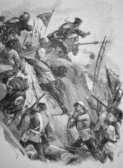 Tropas britânicas invadem os Fortes Taku na China em 1860 durante a Guerra do Ópio (litho) de English School