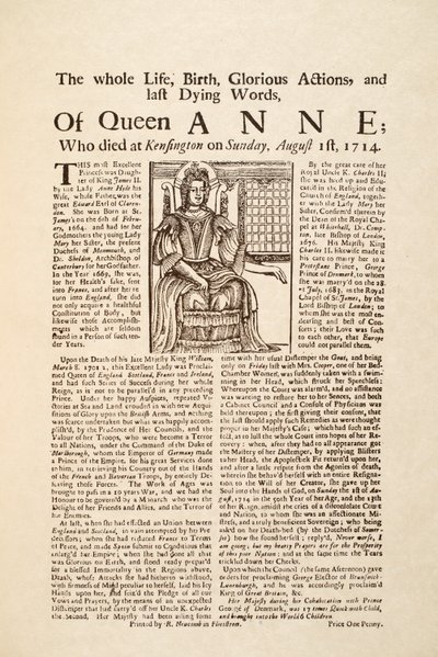 Broadside publicado na morte da Rainha Ana, no domingo 1 de Agosto de 1714 (impressão e xilogravura) de English School