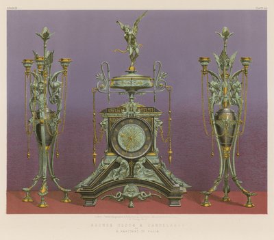 Relógio e candelabro em bronze de M Marchand de Paris (cromolitho) de English School
