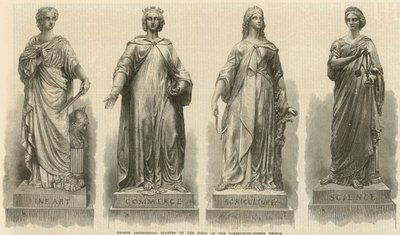 Estátuas alegóricas de bronze nos pilares da ponte de Farringdon Street (gravura) de English School