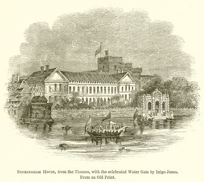 Buckingham House, do rio Tâmisa, com o célebre portão de água de Inigo Jones de English School