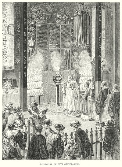 Sacerdotes budistas a oficiar (gravura) de English School