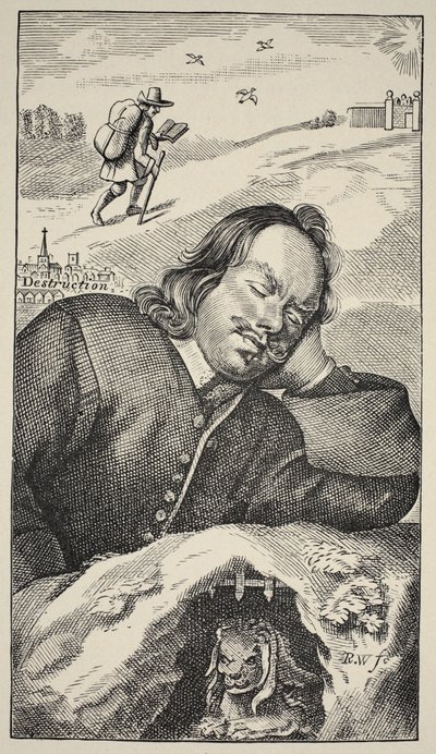 Bunyans Dream, frontispício de The Pilgrims Progress, de John Bunyan (1628-88), 4ª edição, pub. 1680 (foto sépia) de English School