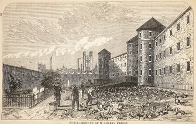 Enterro-terra na prisão de Millbank, ilustração das prisões criminosas de Londres e cenas da vida da prisão por Henry Mayhew e por John Binny, bar. 1862 de English School