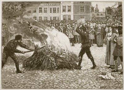 Panfleto de Burning of Blounts pelo carrasco comum, ilustração de história ilustrada de Cassells da Inglaterra (foto sépia) de English School