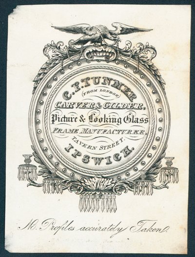 CF Tunmer, carver e dourador, fabricante de molduras de vidro com moldura e aparência, cartão comercial de English School