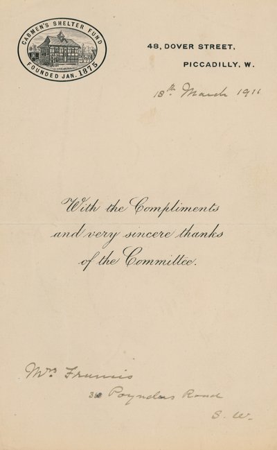 Cabmens Shelter Fun, fundada em janeiro de 1875. Carta de English School