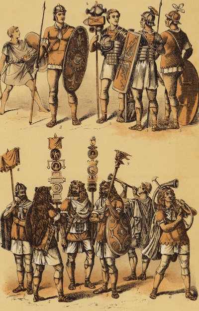 César, Guerra das Gálias: soldados romanos (litografia a cores) de English School