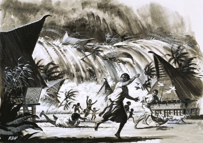 Calamidade em Krakatoa. Um maremoto caindo sobre uma aldeia de English School