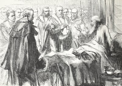 Calvin dirigindo-se ao Conselho pela última vez, ilustração de The History of Protestantism por James Aitken Wylie (1808-1890), pub. 1878 de English School