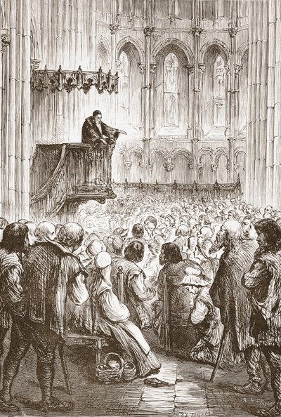 Calvin pregando seu sermão de despedida na expectativa de banimento, ilustração de The History of Protestantism por James Aitken Wylie (1808-1890), pub. 1878 de English School