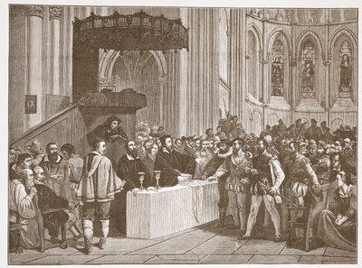 Calvino recusando a Santa Ceia aos Libertinos, na Catedral de São Pedro, Genebra, ilustração de A História do Protestantismo, de James Aitken Wylie (1808-1890), pub. 1878 de English School