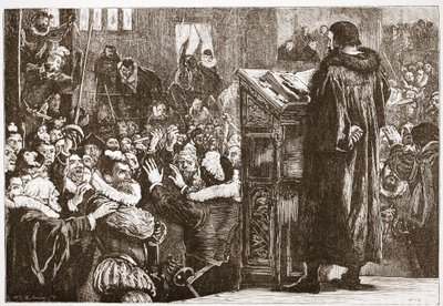 Calvino ameaçou na igreja de Rive, ilustração de A História do Protestantismo, de James Aitken Wylie (1808-1890), pub. 1878 de English School