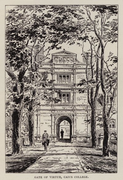 Cambridge: Portal da Virtude, Caius College (gravura) de English School