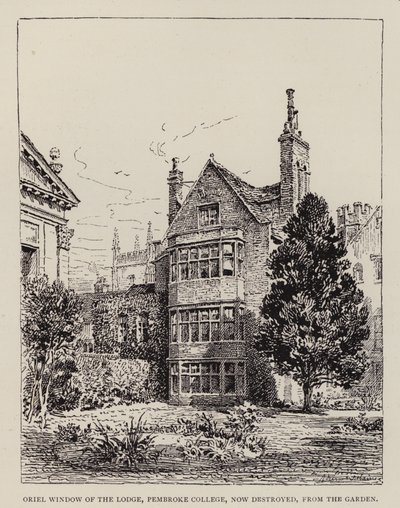 Cambridge: Oriel Window of the Lodge, Pembroke College, agora destruída, do Garden (gravura) de English School