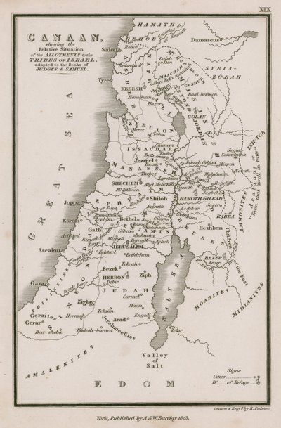 Canaã, mostrando a Situação Relativa dos Loteamentos às Tribos de Israel, adaptada aos Livros de Juízes e Samuel de English School