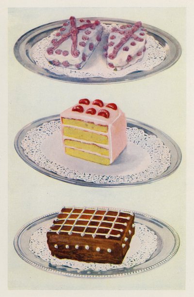 Bolo canadiano; Bolo de camadas; Bolo de chocolate gelado (litografia a cores) de English School