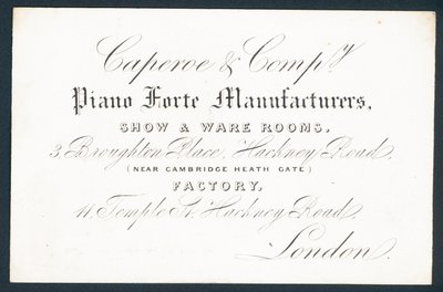 Caperoe & Company, fabricantes de piano forte, cartão comercial de English School