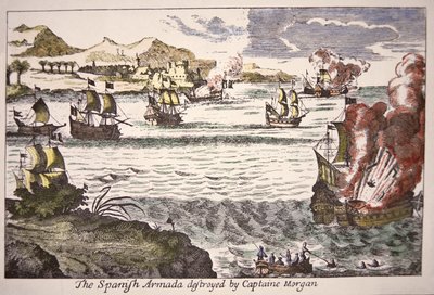 Capitão Morgan derrota navios de guerra espanhóis bloqueando a foz do Lago Maracaibo em 1669 (gravura colorida) de English School