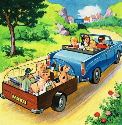 Carro puxando um trailer de animais de capoeira de English School