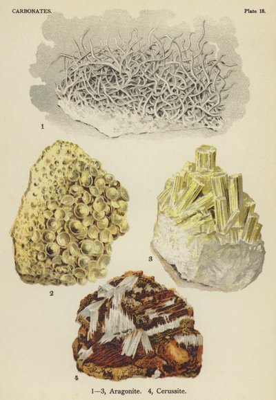 Carbonatos, aragonite, cerussite (litografia a cores) de English School