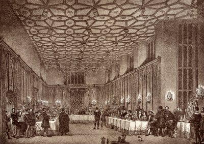 O cardeal Wolsey entretendo os embaixadores franceses no Palácio de Hampton Court, de "História do Palácio de Hampton Court em Tudor Times", de Ernest Law, publicado em Londres em 1885 de English School