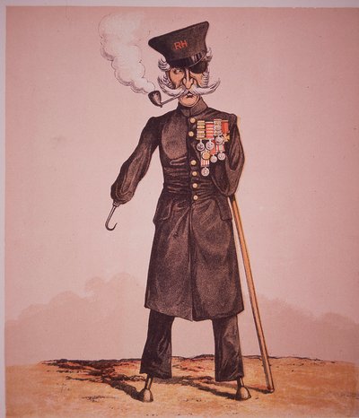 Caricatura de Chelsea Pensioner do Hospital Real, de "Army and Navy Drolleries" do Major Seccombe (gravura colorida) de English School