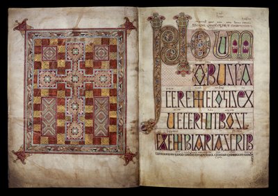 Página de tapete e página de incipit que introduz a carta de S. Jerónimo ao Papa Dâmaso, Algodão Nero D. IV, f.2v e f.3r dos Evangelhos de Lindisfarne, 710-721 (velino) de English School