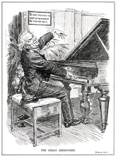 Cartoon satirizando LLoyd George como o Grande Improvisador ou líder dos Improvisa-Tories, junho de 1920 de English School