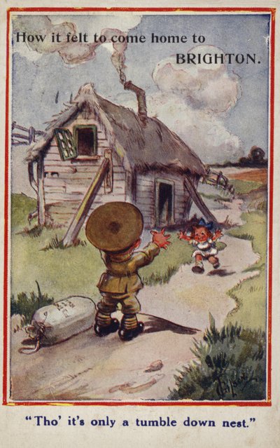 Cartão postal de propaganda dos desenhos animados do soldado menino retornando para a menina e destruiu a casa de English School
