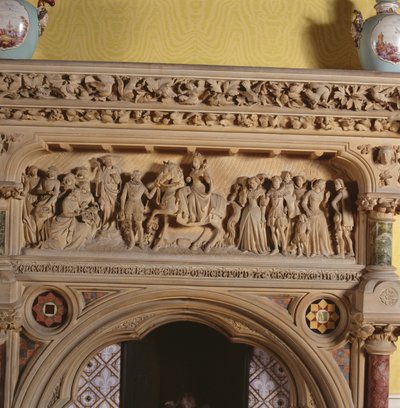 Lareira esculpida na sala de visitas, representando Elizabeth I sendo saudada pelo Conde de Hereford em 1591, século XVI de English School