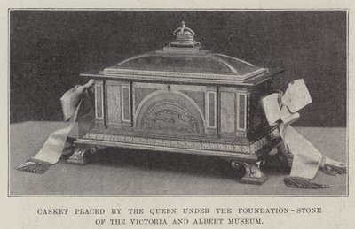 Caixão colocado pela Rainha debaixo da Pedra Fundadora do Museu Victoria and Albert (gravura) de English School