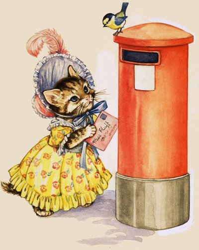 Gato em um capô postando uma carta em uma caixa de correio de English School