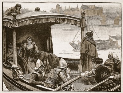 Catherine Howard sendo transportada para a torre, ilustração da história ilustrada de Cassells da Inglaterra (foto sépia) de English School