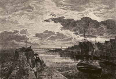 Cellardyke Harbour, gravado por Chauvel, segundo Sam Bough (litografia) de English School