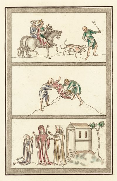 Cenelmo, rei de Mércia, caça, assassinato de rei, abadessa, freira e âncora (gravura colorida) de English School