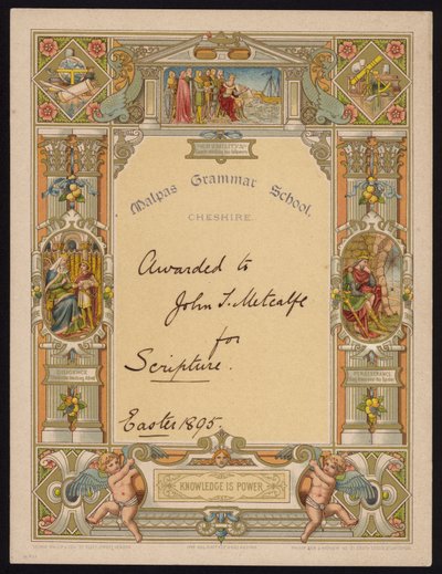 Certificado de escritura concedido a um aluno da Escola de Gramática de Malpas, Cheshire de English School