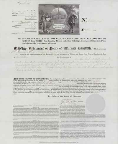 Certificado de seguro contra incêndio emitido pela Royal Exchange Assurance Corporation para uma casa em Wilmslow, Buckinghamshire de English School
