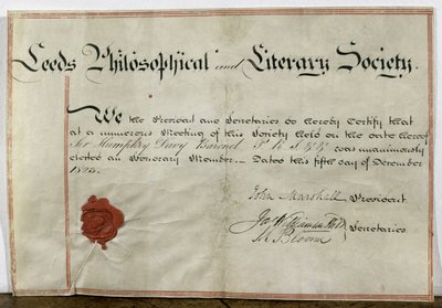 Certificado de associação honorária para Sir Humphry Davy (1778-1829) à Sociedade Filosófica e Literária de Leeds, 5 de dezembro de 1823 de English School