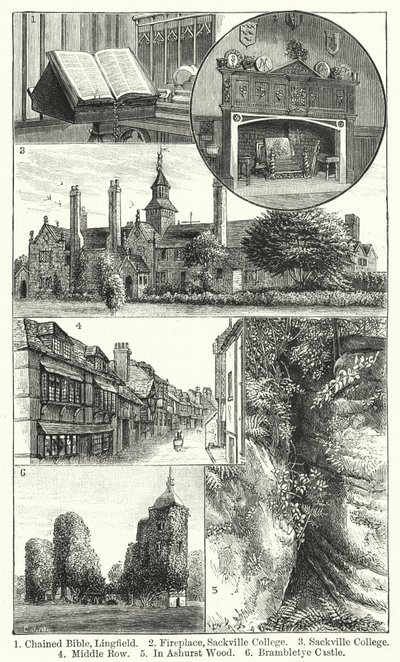 Bíblia acorrentada, Lingfield; Lareira, Colégio de Sackville; Colégio de Sackville; Fila Média; Em Ashurst Wood; Castelo de Brambletye (gravura) de English School