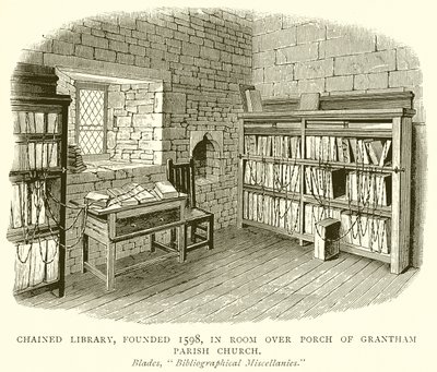 Biblioteca acorrentada, fundada em 1598, na sala sobre o alpendre da igreja paroquial de Grantham de English School