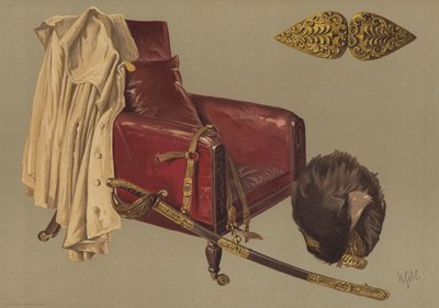 Cadeira e capa do Marechal de Campo Duque de Wellington, com pele de urso e espada dos Guardas Granadeiros (chromolitho) de English School
