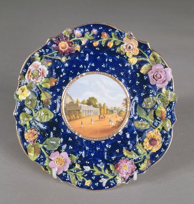 Chamberlains Worcester placa com flor incrustada e uma vista de Montpellier Pump Room, Cheltenham, 1820 (cerâmica) de English School