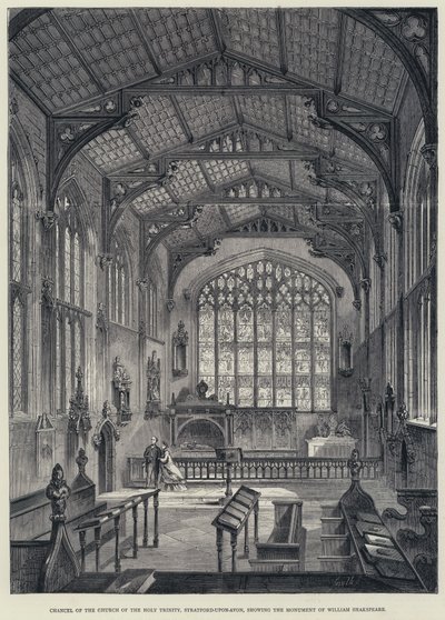 Chancelaria da Igreja da Santíssima Trindade, Stratford-upon-Avon, mostrando o Monumento de William Shakspeare (gravura) de English School