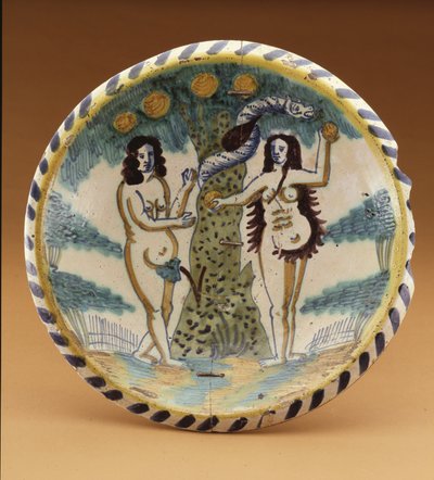 Carregador com a história bíblica de Adão e Eva no Jardim do Éden, c.1680 (louça de barro de latão estanho) de English School